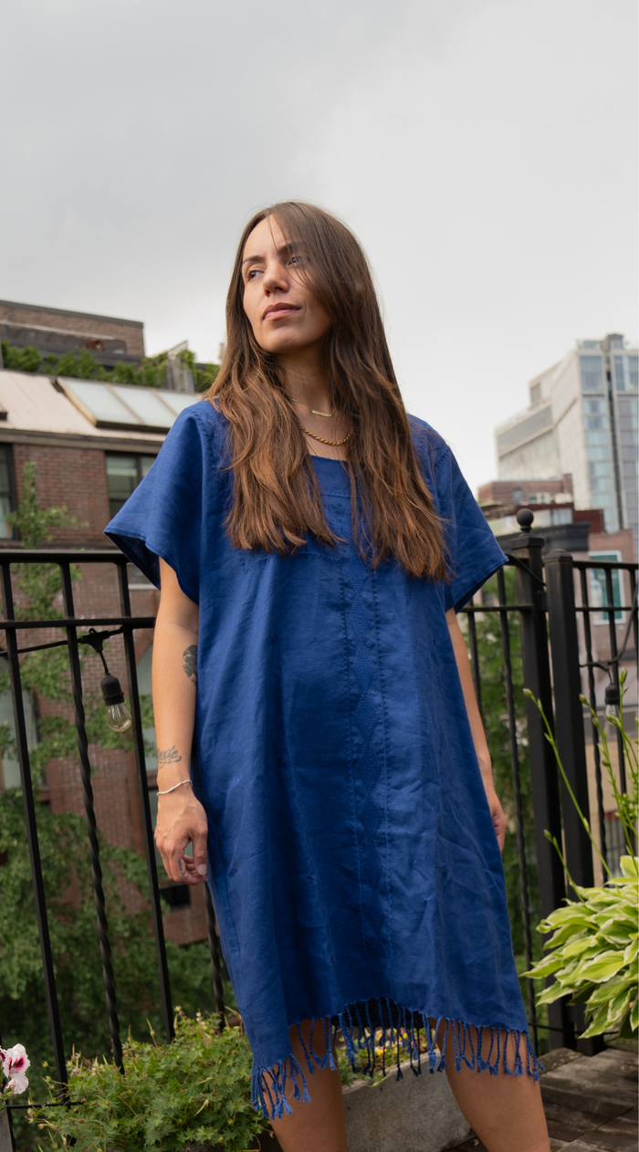 Embroidery Linen Tanya Kaftan | Azure