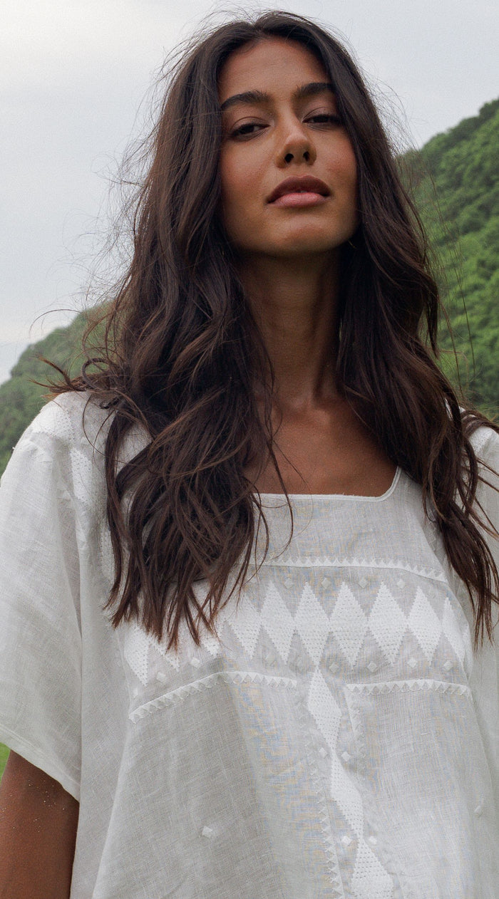 Embroidery Linen Tanya Kaftan | White