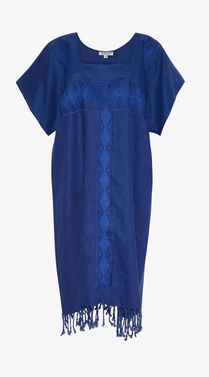 Embroidery Linen Tanya Kaftan | Azure