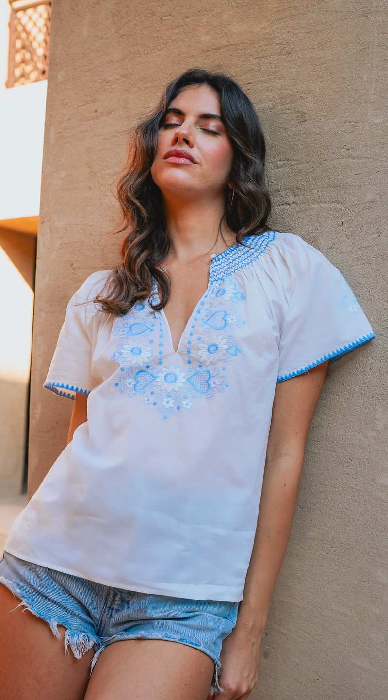 Love Embroidered Cotton Top | Blue