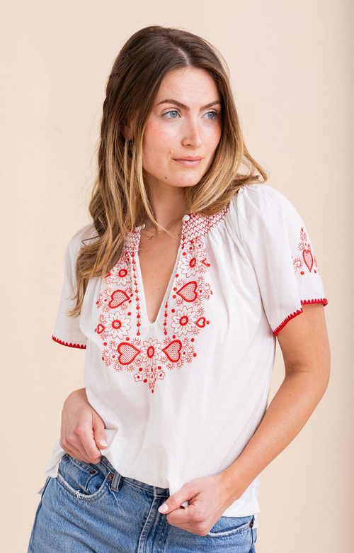Love Embroidered Cotton Top | Red